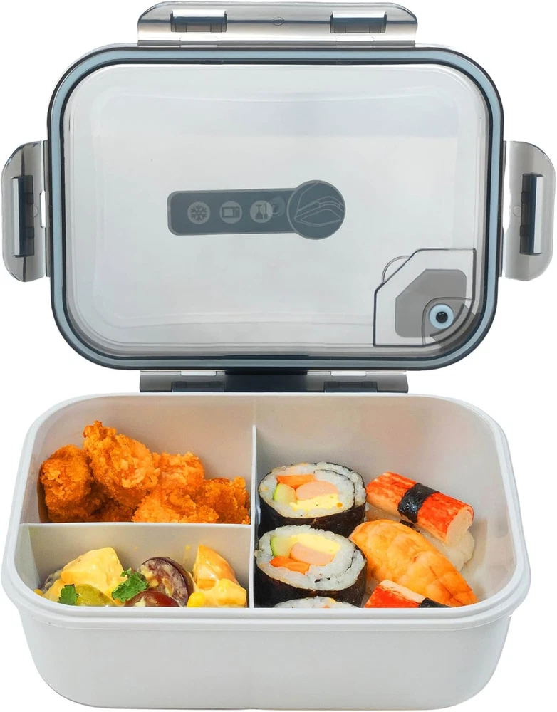Bento Box Adult Lunch Box, 3 Compartment Meal Prep Containers with Lids, Clear L