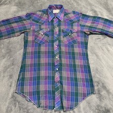 H Bar C Ranchwear Long Tail Pearl Snap Shirt 15 1/2 - 35 Purple Blue Green Plaid