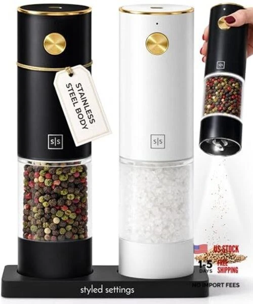 Rechargeable Electric Salt and Pepper Grinder Set – Sleek Stainless Black/White