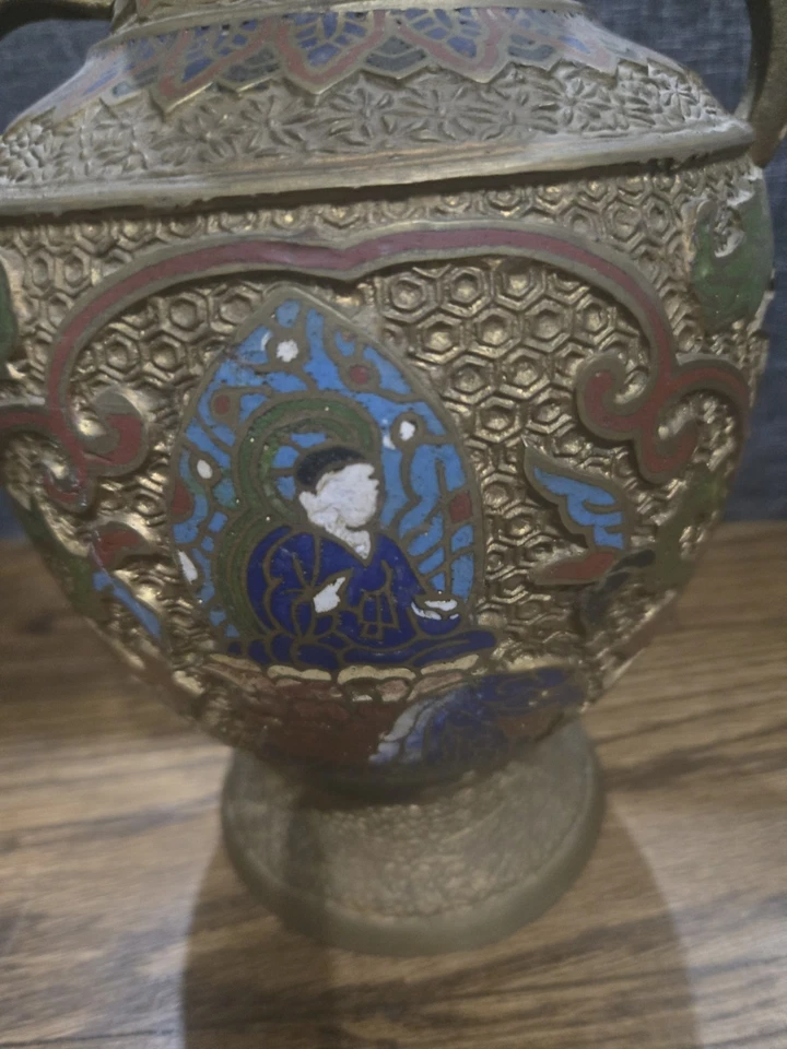 Antique Japanese Brass-Enamel Champleve Floral Urn w/ Ornate Dragon Handles VGC - Image 2 of 4