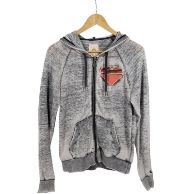 Vintage Y2K Roxy Love Me Gray Distressed Zip Hoodie Sweatshirt Heart Womens