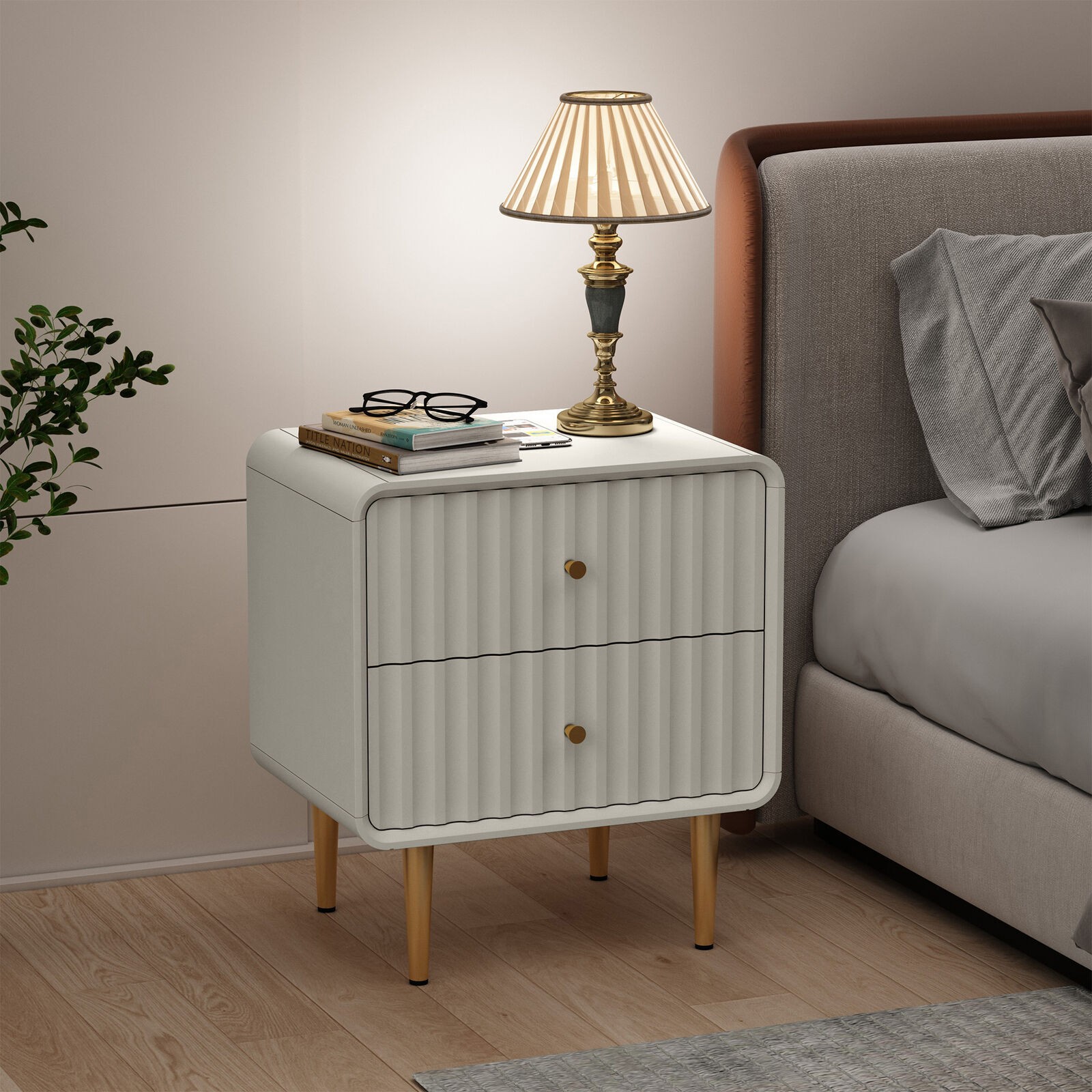 Modern Wood Nightstand with 2 Drawers - Fluted Design for Bedroom End/Side Table