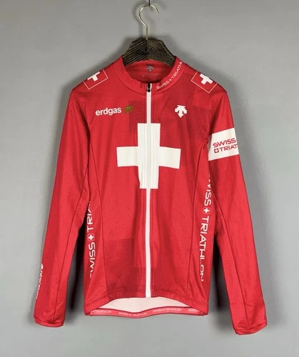 DESCENTE SWISS Triathlon Red Long Sleeve Full Zip Cycling Jersey Size S