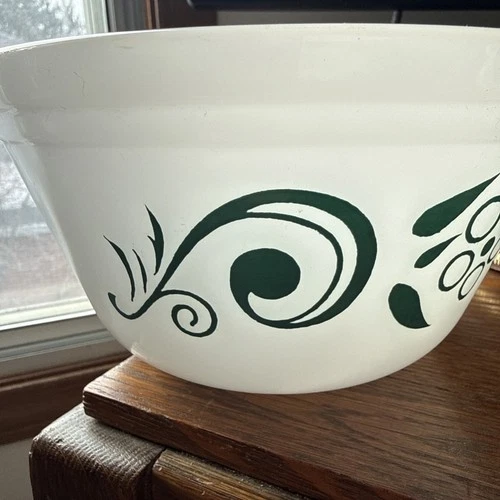 Vintage Federal Glass Green Floral Milk Glass Mixing Bowl 1940s 1950s USA