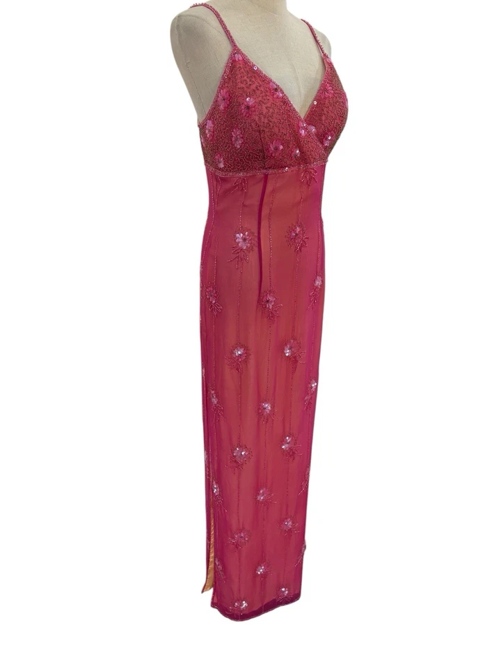 Vestido de Noche de Colección Años 90 Papell Boutique Rosa Seda Cuentas Cintura Imperio Hada Talla 6  Foto 3 de 4