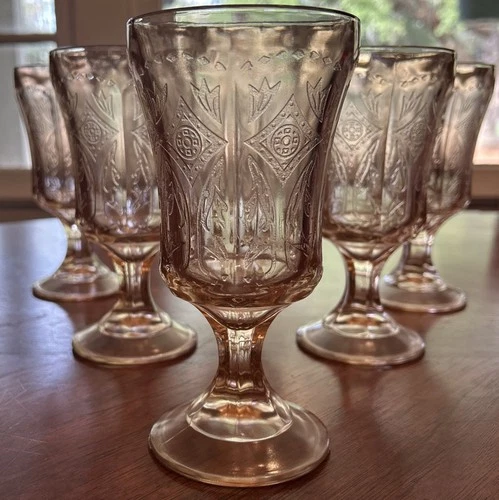 Lot 6-Vintage Indiana Glass Pink Madrid Recollection 6.5” Water Goblet Footed