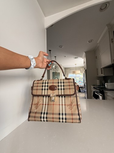 Burberry Beige Checkered Top Handle Bag Buckle & Zip Pockets