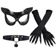 Cat Costume for Woman Cat Mask Glove and Necklace Black Halloween Cosplay