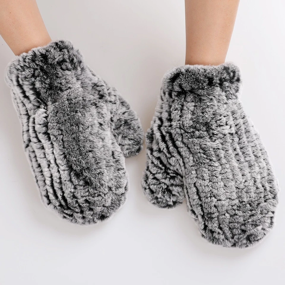 Women's Genuine Rex Rabbit Fur Knitted Mittens Soft Winter Cold Weather Gloves - Image 4 of 4