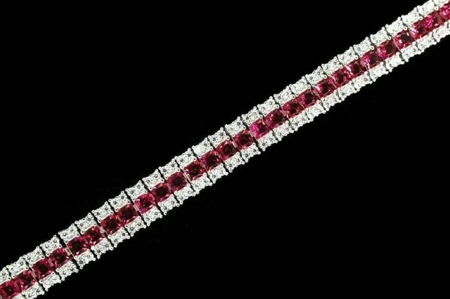 20 Ct Princess Lab Created Red Ruby Men's Tennis Bracelet 14K White Gold Plated - Image 4 of 4
