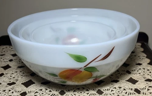 Vtg 1950s Fire King Gay Fad Fruit Milk Glass 3 PC Nesting Bowl Set MCM Kitchen