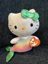 Hello Kitty Sanrio TY Mermaid Rainbow Tail Teal Glitter Bow Fins 6"t Toy Plush