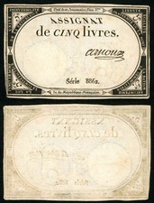 1793 France Assignat 5 Livres Republic Second Issue Banknote P# A76 Good VF+