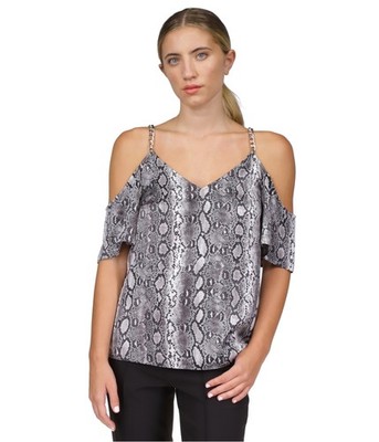 Michael Kors Womens Chain Straps Cold Shoulder Blouse, White, Small