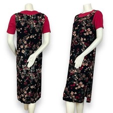 Vintage Dress 90s Built-In T-Shirt Black Floral Midi Short Sleeve Modest Casual