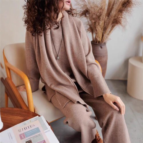 Fall Winter Women Lazy Style Loose Knitting Sweaters Long Pants Scarf 3 Pcs Sets