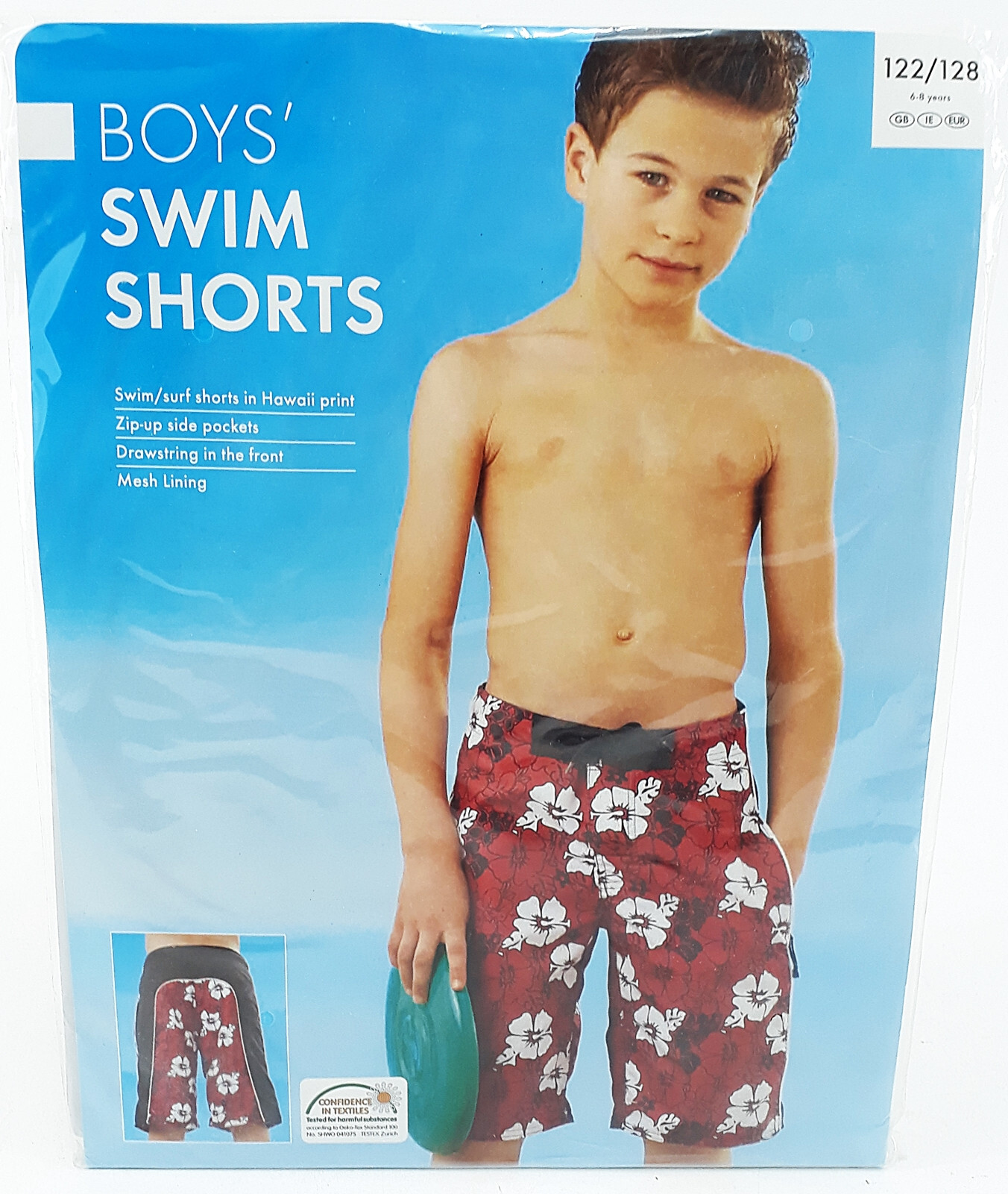 Swim shorts red polyester Hawaiian look size 122/128