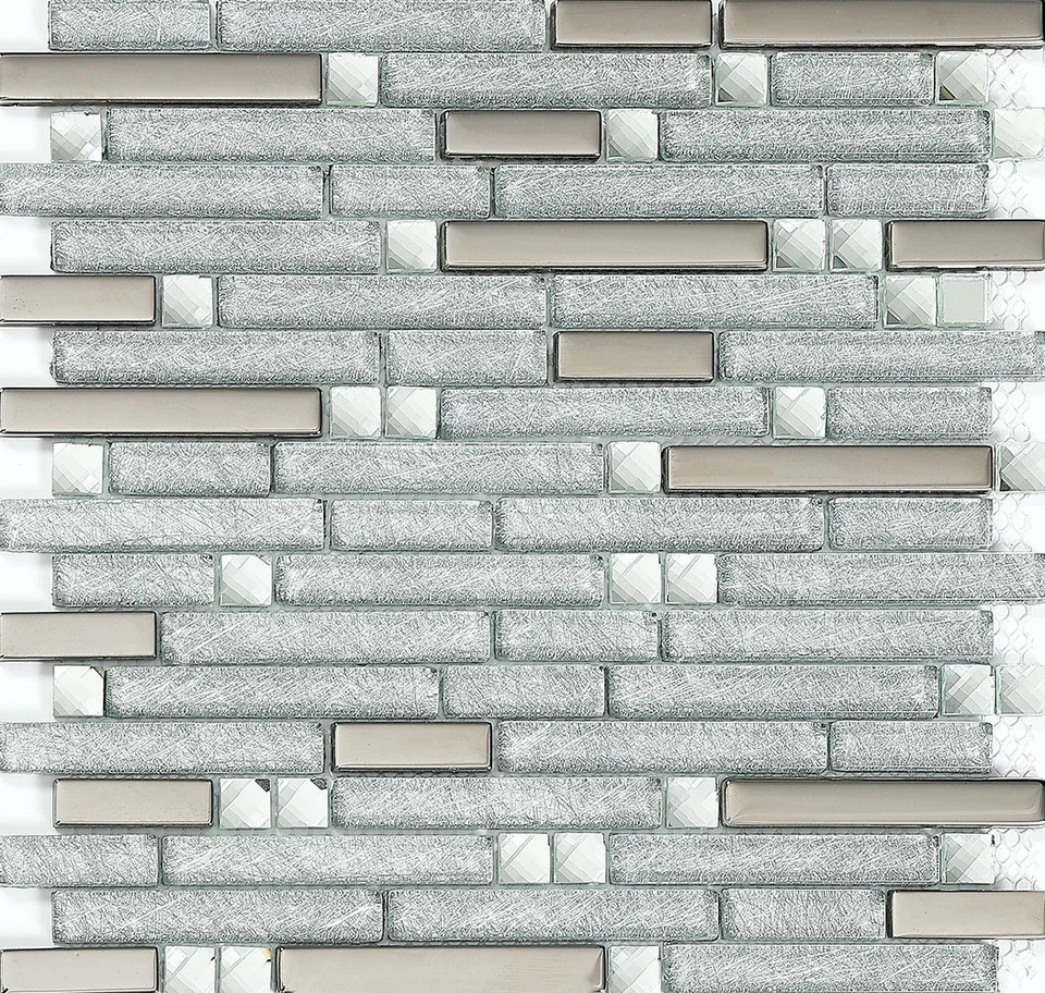 11 PCS Glitter Backsplash Tile Silver Metallic Glass Linear Mosaic Wall Tiles - Image 2 of 4