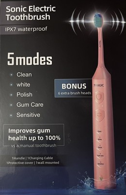 Pink Sonic Electric Toothbrush W/5 Modes, 6 Brush Heads, 3 Intensity Levels NIB