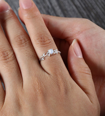 Round Cut Natural Rainbow Moonstone Dainty Twig Leaf 925 Silver Engagement Ring