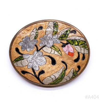 Vintage Emaille Wandteller aus Messing mit Blumendekor, emailliert Handmade 20cm