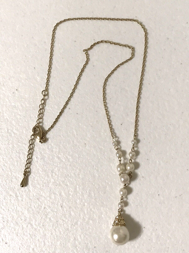 Delicate Gold Tone Chain Rhinestones Faux Pearl Y-Drop Necklace 16" Vintage - Picture 3 of 8