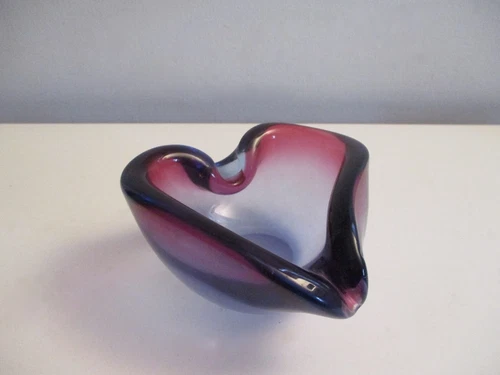 Vtg Mid-century Murano Art Glass Heart Shaped Bowl Cobalt Amethyst Cranberry