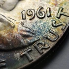 1961 50c Franklin Half Dollar - Intricate Rainbow Toning - Frosty BU - SKU-H2126