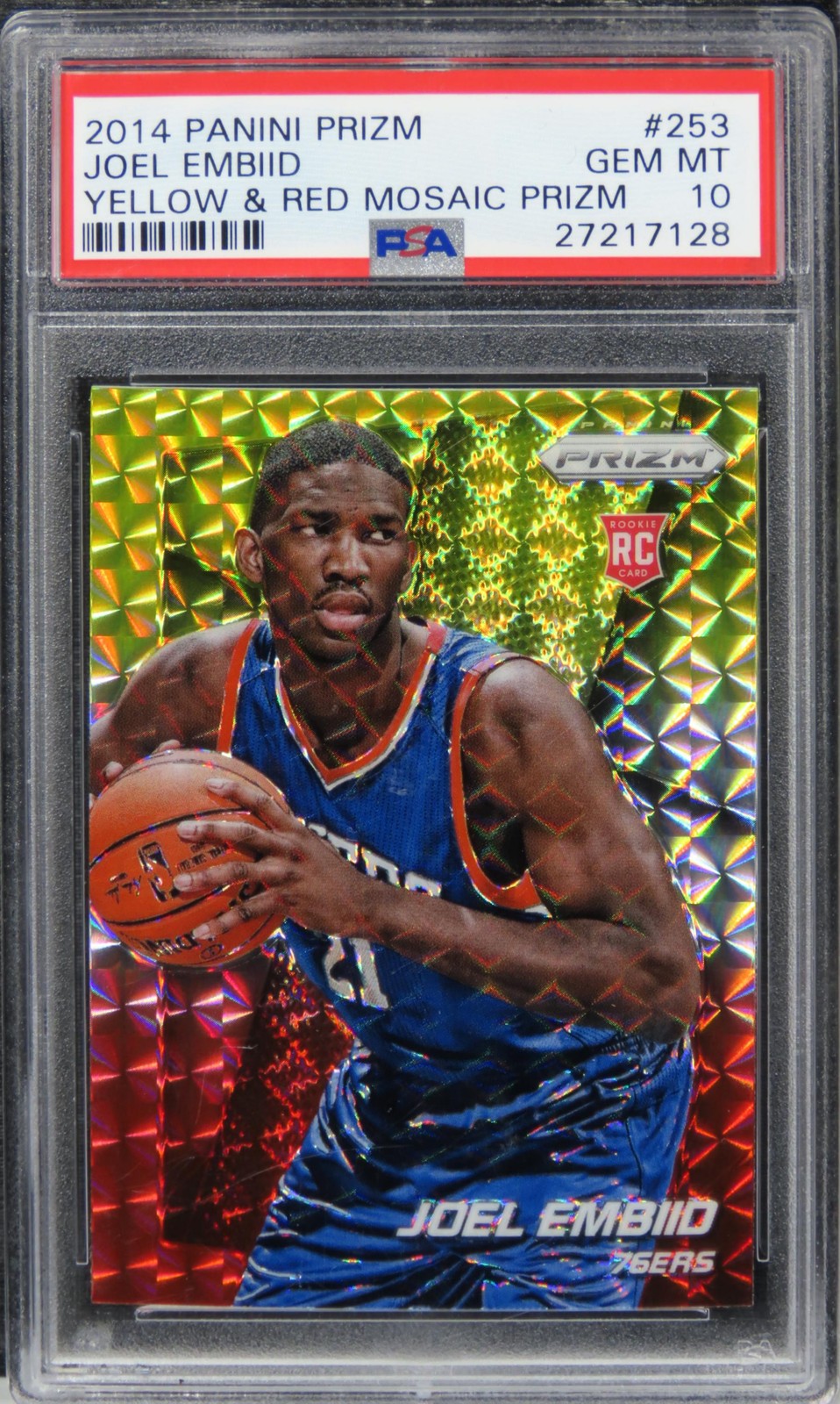 2014 Panini Prizm Joel Embiid YELLOW AND RED MOSAIC PRIZM ROOKIE RC #253 PSA 10