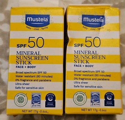 Lot 2 Mustela Mineral Sunscreen Stick SPF 50 Broad Spectrum Face  0.6oz exp 5/28