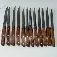 Set Of 12 Vintage National Headquarters USA Wooden Handle Steak Knives Japan