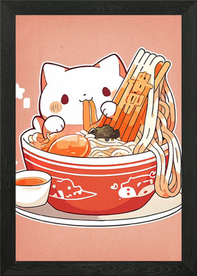 Cute Cat Eating Ramen Illustration Framed Wall Art Poster Canvas Print Picture