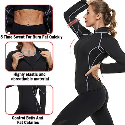 Sauna Suit Women's Sweat Jacket Long Sleeve Workout Zipper Gym Exercise Fitness