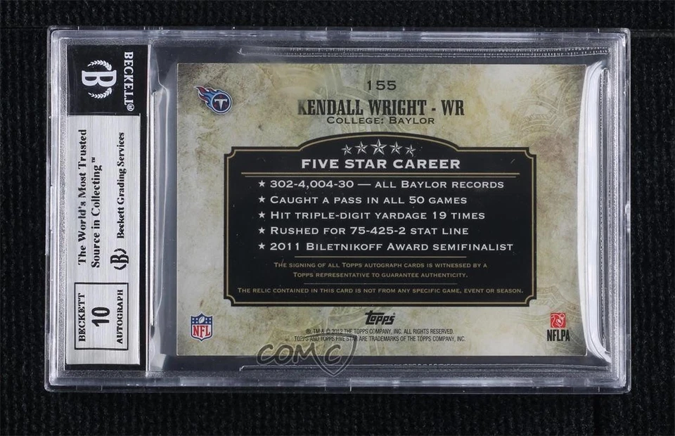 2012 Five Star Rainbow /25 Kendall Wright BGS 8.5 RPA Rookie Jumbo Patch Auto RC - Image 2 of 2