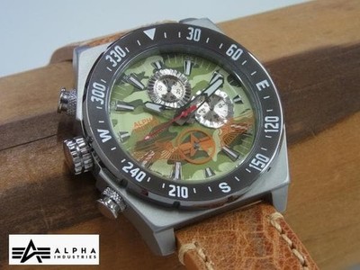 Alpha Industries Chronograph Watch AL502M Quartz 10ATM Black Dial Leather Band