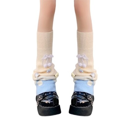 Harajuku Women Flared Leg Warmer Knitted Cute Plush Balls Bows Boot Covers Socks