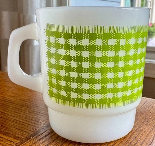 Vintage Anchor Hocking Fire King Green Gingham Milk Glass Cup Mug Stackable