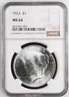 1923 Silver Peace Dollar S$1 - NGC MS 64 Sharp!