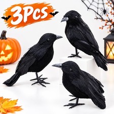 3 Black Crow Stuffed Feather Bird Halloween Decor Prop Black Ravens Realistic