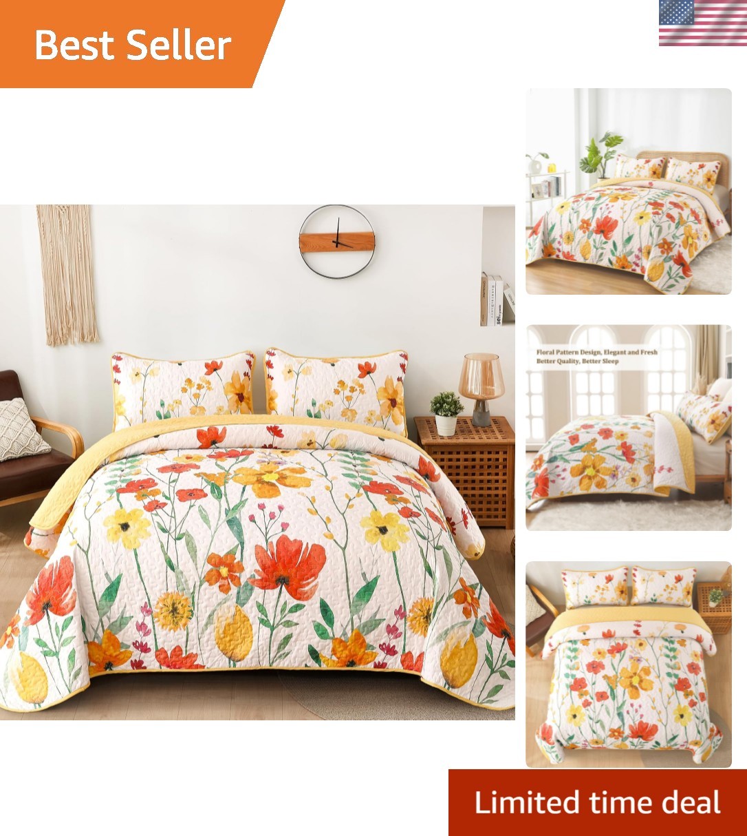 Queen Size, Yellow Floral Reversible Bedspread Soft Microfib