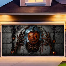 Scary Pumpkin Halloween Garage Door Cover 7x16 Ft Skeleton Horror Scene Backdrop
