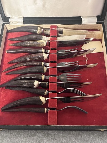 Vintage J.Sanderson & Son Sheffield England Stag Antler Cutlery Set Of 12