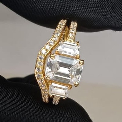 4.50Ct Emerald Old Mine Certified Moissanite Women Ring Set 14K Yellow Gold Over
