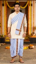 South Indian Special Day Men's Cotton Dhoti Angavastram Set Golden Thread Border