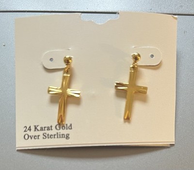24 Karat Gold Over Sterling Cross Earrings New