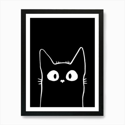 Schwarze Katze Zeichnung Kunstdruck gerahmt Wandbild Poster Leinwanddruck Bild