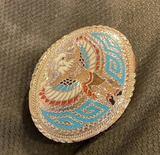 Belt Buckle Sliver Tone Metal with Inlaid Turquoise  Enamel , Native American