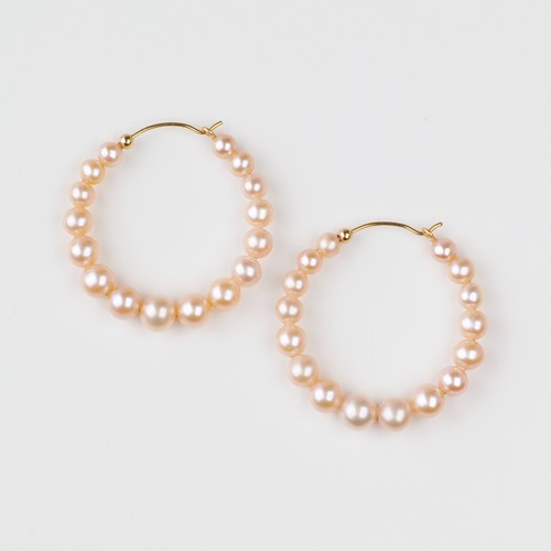4-6mm Orange Pink FW Pearl Earrings 14K Yellow Gold Filled Hoop,Handmade