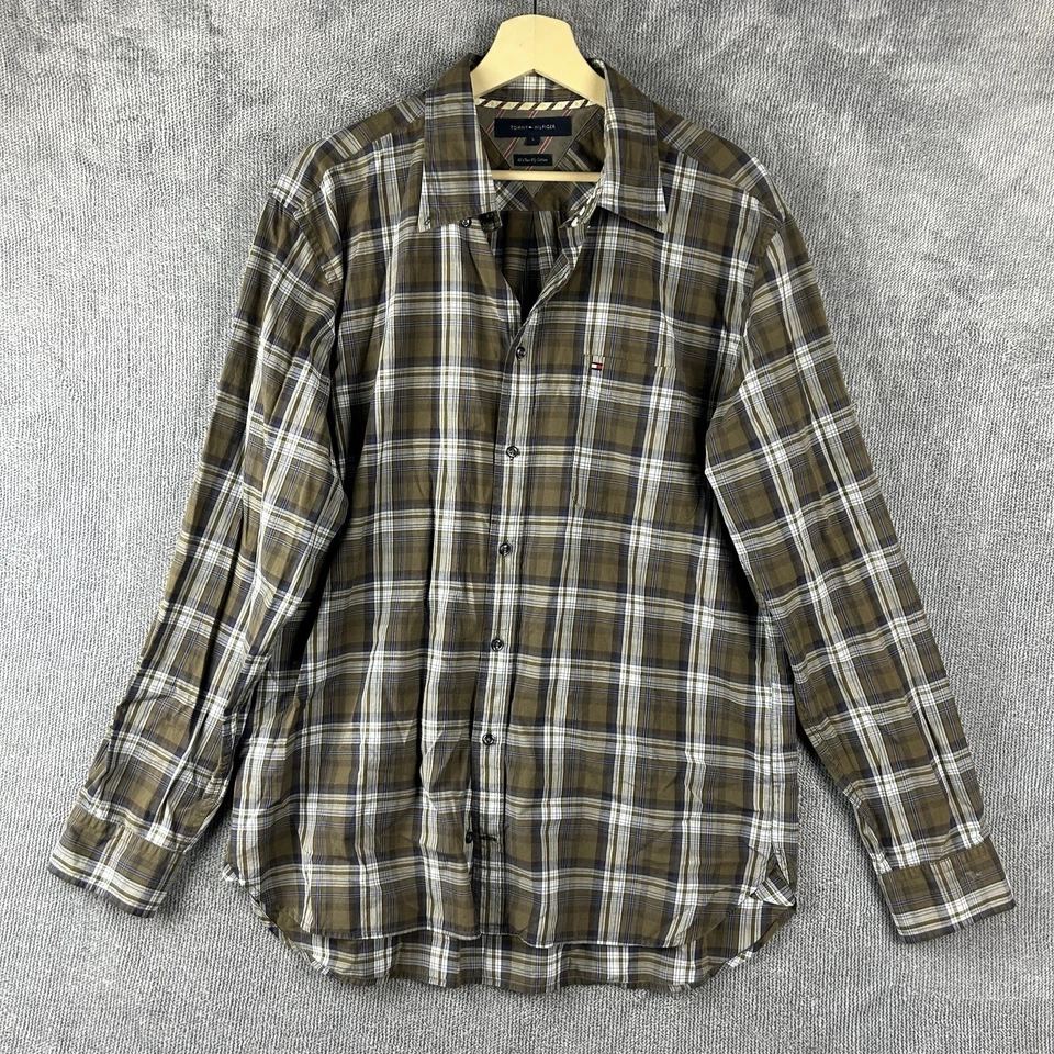 Tommy Hilfiger Plaid Shirt Mens L Brown Check Long Sleeve Casual 80s Cotton