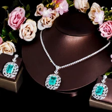 Green CZ Big Dangle Drop Costume Necklace Earrings Jewellery Silver Plated Set 